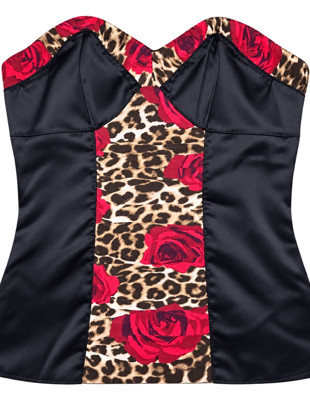 Express Black Satin Strapless Bustier with Leopard & Red Rose Print